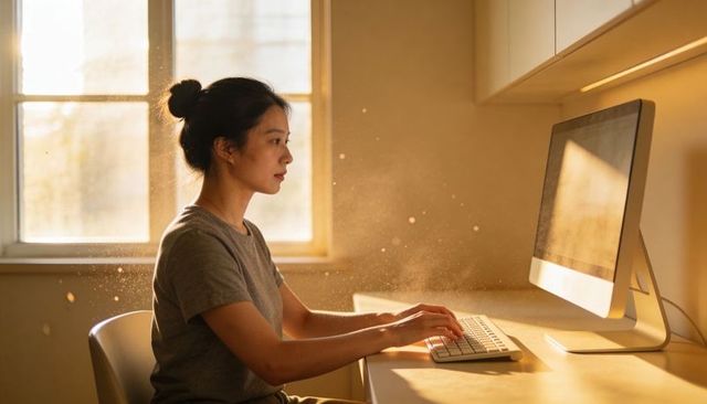 Sunlit asian woman typing at home desk with desktop and glowing dust, calm workspace