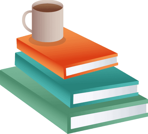 Transparent illustration of books with coffee mug in isometric view