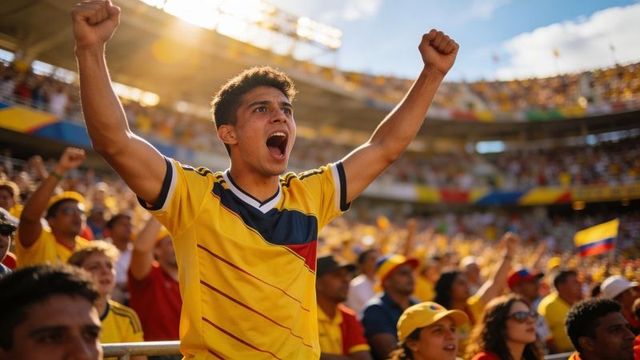 Ecstatic soccer fan raising fists and shouting in sunlit packed stadium with waving flags
