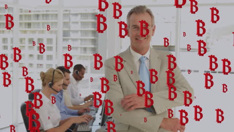 Confident Businessman in Modern Office with Bitcoin Overlay