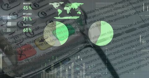 Magnifier revealing financial spreadsheet with green analytics dashboard overlays
