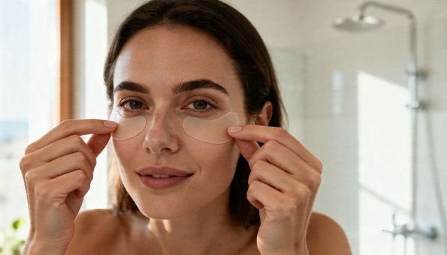 Applying hydrogel under-eye patches during morning skincare routine in sunlit bathroom