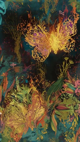 Hovering Golden Butterfly Flapping Wings Over Enchanted Botanical Backdrop (Vertical Video)