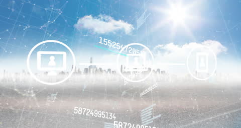 Digital Data Networks Over Futuristic City Skyline