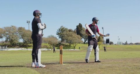 Cricket Players Celebrating Successful Wicket on Sunny Outdoor Field