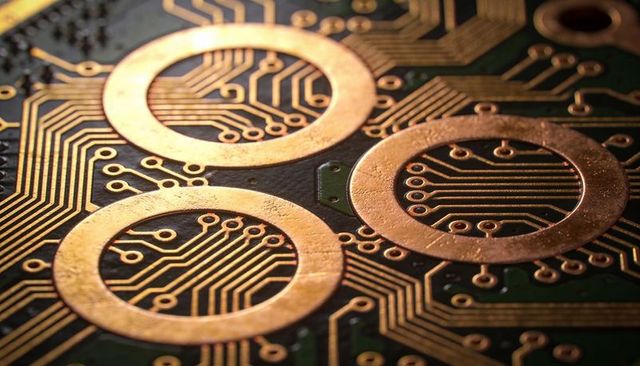 Copper ring circuit traces on dark green pcb macro closeup for technology and electronics