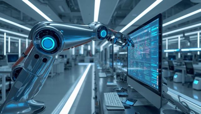 Robotic arm interacting with code on monitor in tech lab