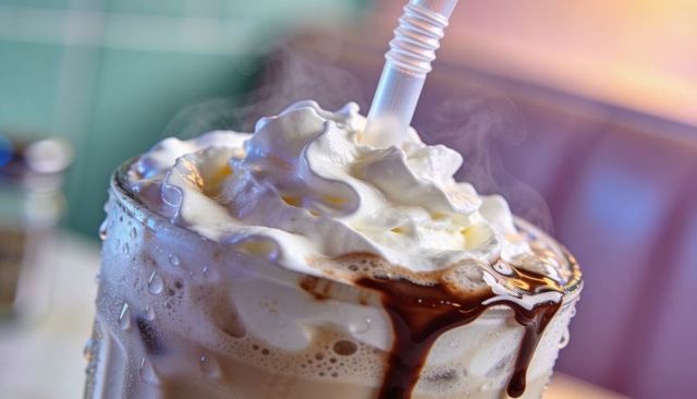 Iced coffee milkshake topped with whipped cream and chocolate drizzle macro closeup straw