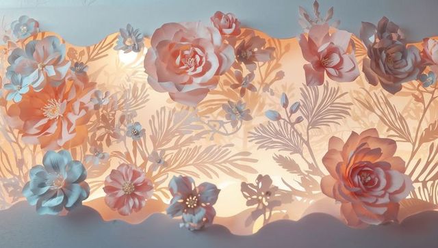 Backlit paper flower panel featuring layered pastel blooms, cut foliage, scalloped border