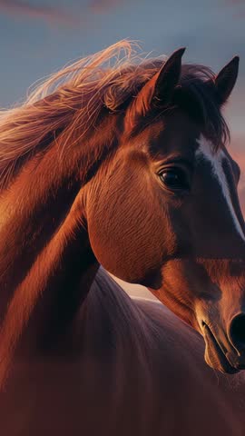 Vertical video chestnut horse blinking and breathing at sunset, mane lifting in breeze