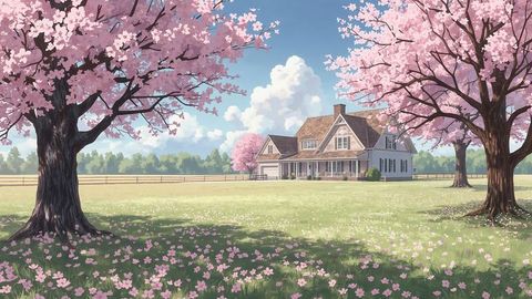 Serene Farmhouse Amidst Blooming Cherry Blossoms
