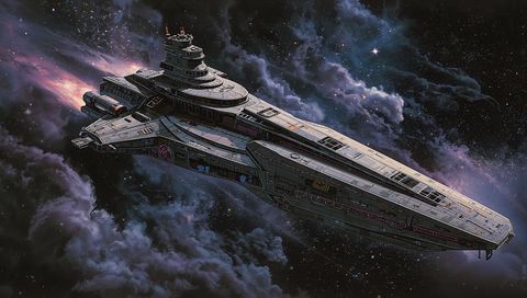 Massive starship cruising through nebula clouds with bridge tower and thrusters