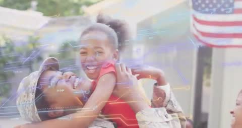 Military parent returning hugging smiling child during homecoming celebration with digital tech over