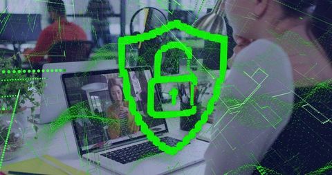 Green Shield Cybersecurity Overlay Protecting Remote Collaboration on Office Laptop Screen