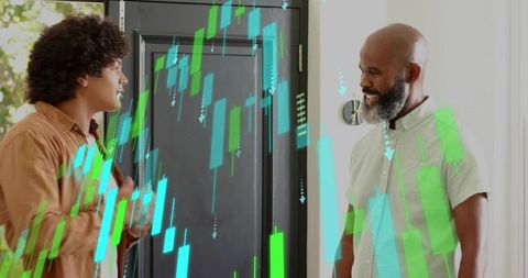 Young man greeting bearded homeowner in foyer with holographic stock market charts overlay