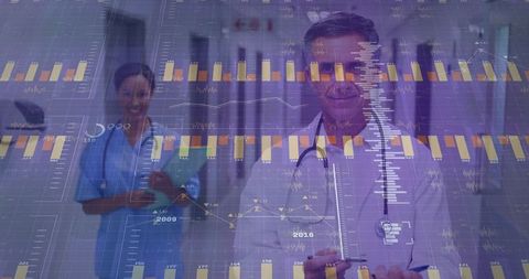 Healthcare Team Analyzing Digital Diagnostics in Hospital Corridor