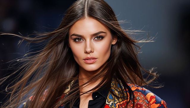High-fashion brunette model posing with windblown hair and vibrant printed jacket