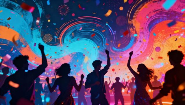 Neon nightclub crowd dancing under psychedelic led projections and confetti