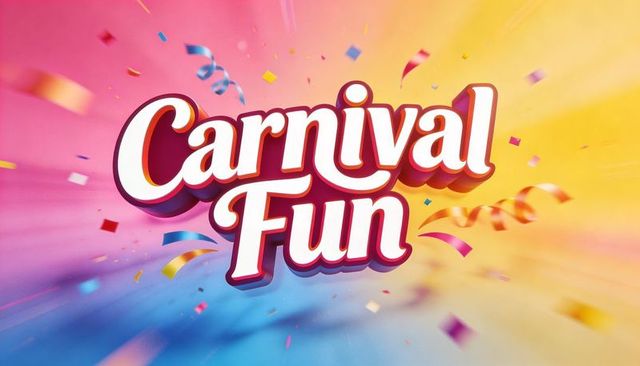 Carnival fun 3d retro pop typography with colorful confetti, streamers and neon gradient