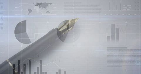 Executive fountain pen with gold nib over business charts, analytics and finance data overlay