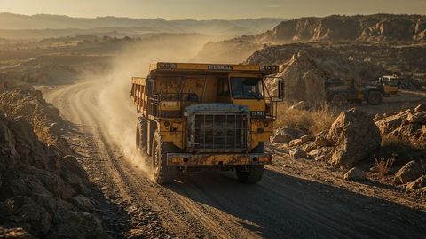 Heavy-duty dumper truck kicking up dust on rugged terrain