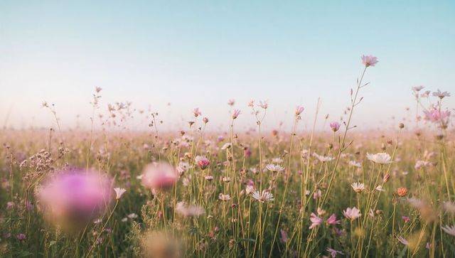 Soft morning meadow of pink and white wildflowers under pastel sky with gentle bokeh