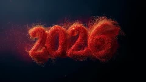 2026 forming from red particles floating on dark backdrop — futuristic particle animation