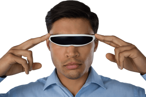 Transparent modern businessman wearing stylish smart glasses