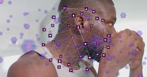 Man sipping coffee mug with purple augmented reality data network overlaying portrait