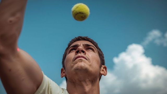 Tossing and tracking tennis ball during serve by young male player under blue sky