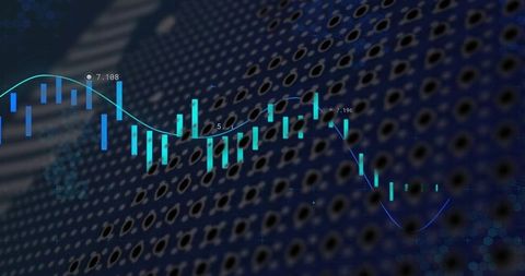 Glowing candlestick chart over perforated metal with neon trend line and teal bars