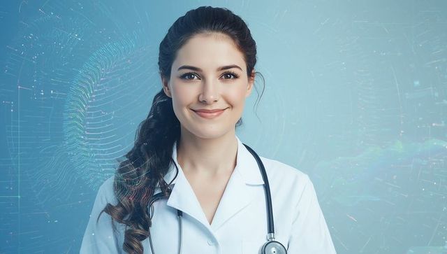 Smiling young female doctor embracing digital health technology