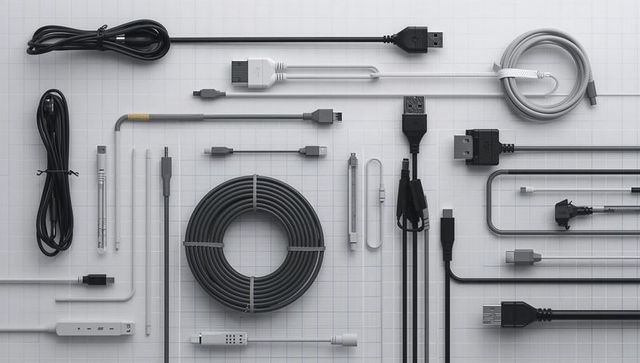 Organizing tech cables and chargers in neat grid flat-lay usb cords adapters