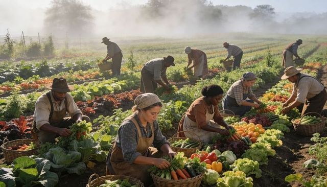 Sustainable farmworkers harvesting and sorting organic vegetables in misty dawn field