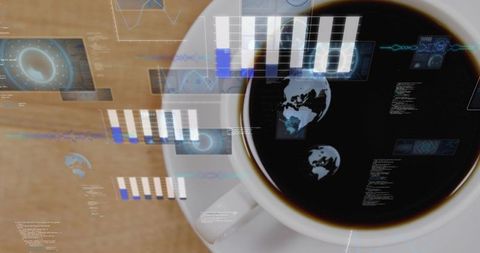 Augmented reality coffee cup dashboard reflecting data visualizations and futuristic ui