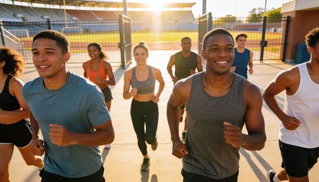 Group running at stadium entrance during sunrise fitness training smiling energetic runners