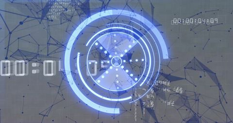 Rotating Blue Holographic HUD with Concentric Rings and Polygonal Network Interface Dashboard