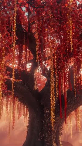 Cinematic vertical footage moving into glowing red enchanted tree with hanging golden vines