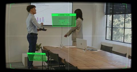 Business team presenting with augmented reality hud analytics overlay in boardroom meeting