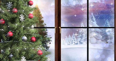Cozy Christmas Scene with Snow-Draped Tree by Frosted Window - Download Free Stock Images Pikwizard.com