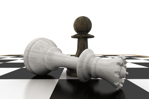 Chess pawn standing over fallen queen transparent background