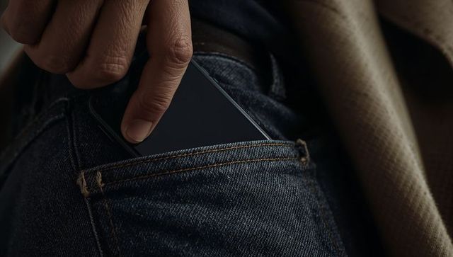 Closeup of hand tucking smartphone into back pocket of blue denim jeans with beige coat