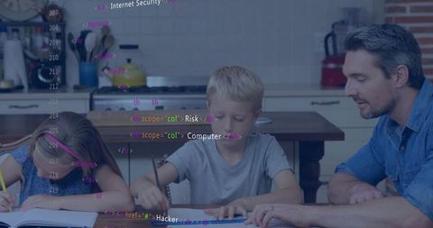 Busy Parent Guiding Children Through Homeschooling at the Kitchen Table