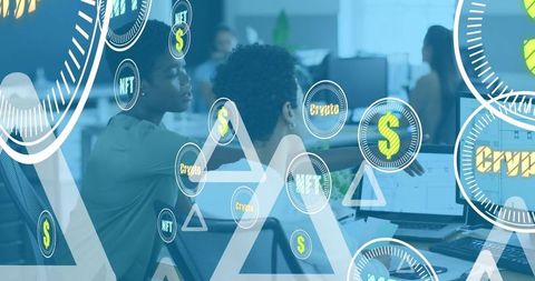 Diverse Female Coworkers Discussing Cryptocurrency in Modern Office