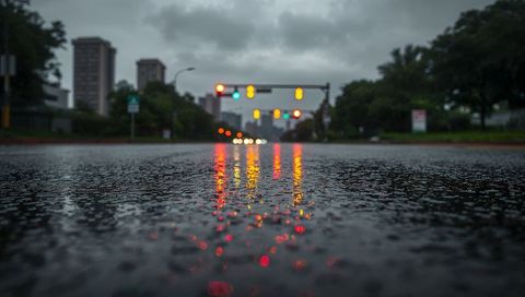 Wet city avenue reflecting red yellow green traffic lights at dusk, neon reflections