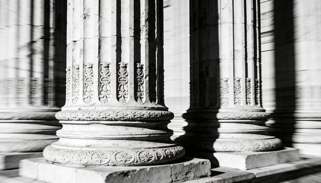 Ornate classical column bases with fluted shafts and carved plinths high-contrast b&w