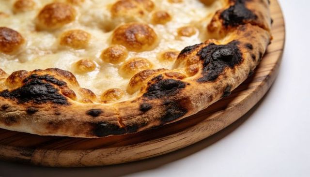 Resting neapolitan mozzarella pizza with blistered charred crust on wooden serving board