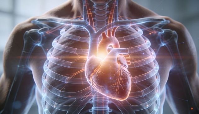 Shirtless male torso displaying glowing anatomical heart hologram in translucent ribcage