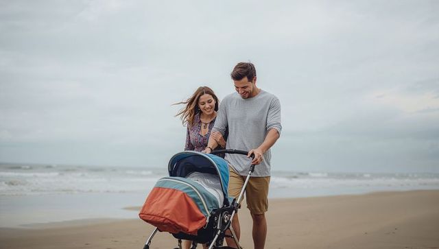 Young couple walking on beach pushing colorful stroller along windy shoreline