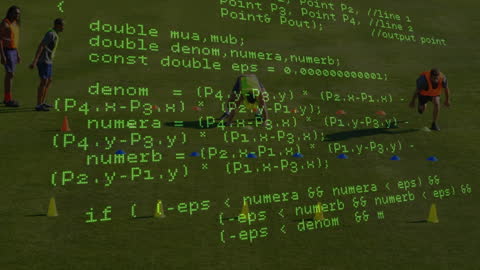 Two Soccer Players Exercising with Digital Data Overlay